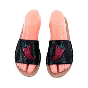 Kate Spade Chili Pepper Slide Sandals Women's Size 8 Black Embroidered